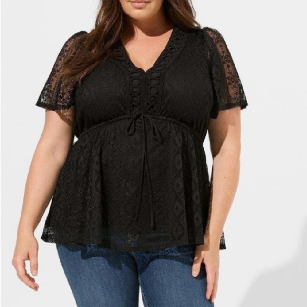 Torrid Black Lace Peplum Top Tie Front Plus Size 20 Lightweight Goth Casual